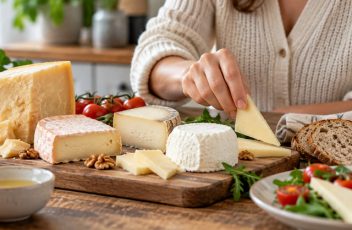 Formaggi freschi e stagionati con verdure e pane integrale